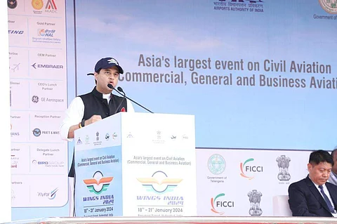 A picture of Union Civil Aviation Minister Jyotiraditya Scindia from Wings India 2024 event. Pic: @JM_Scindia