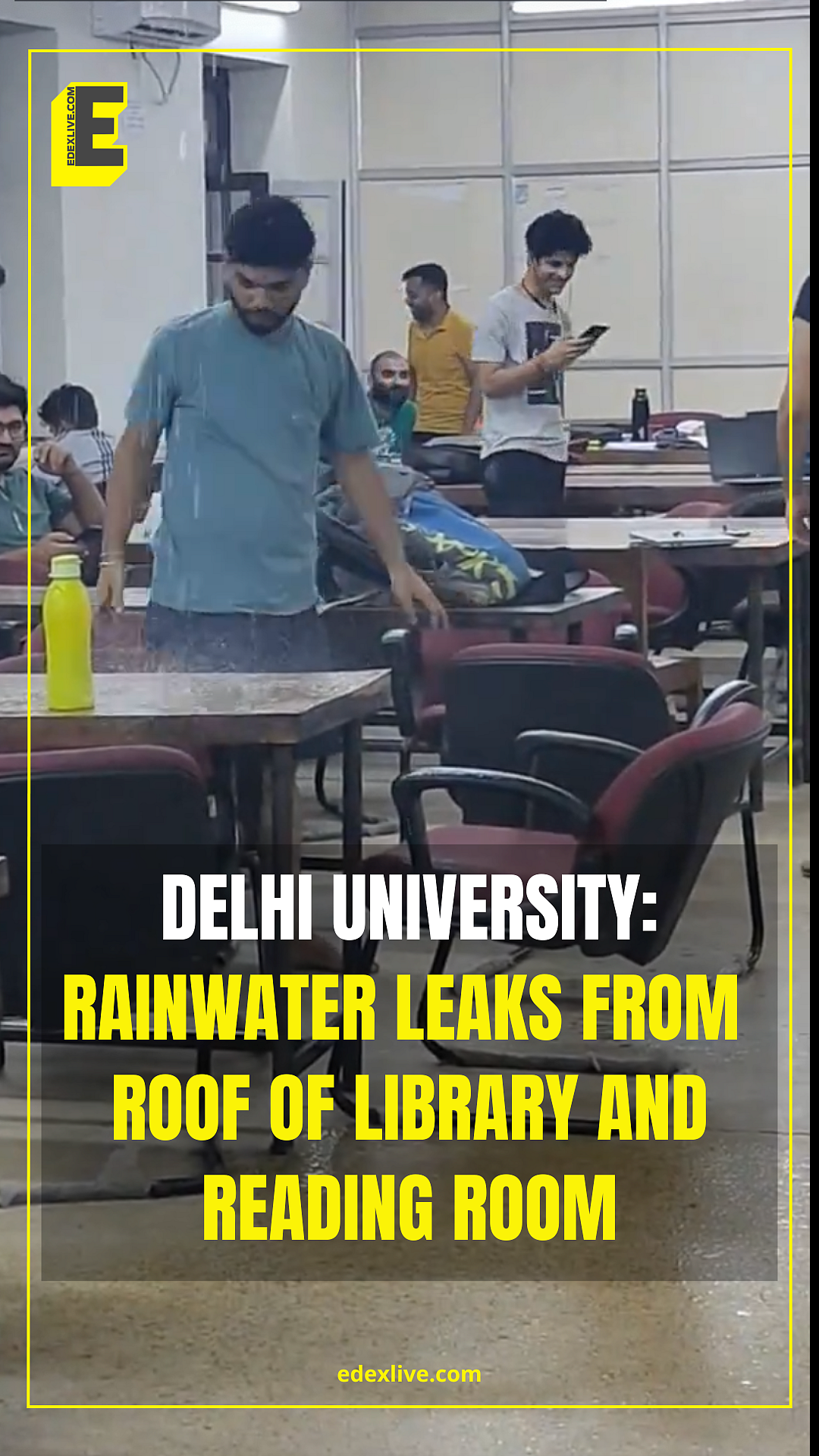 In the video going viral on social media platform X, rain water is seen on the floor of the library and reading hall, agitating the students present