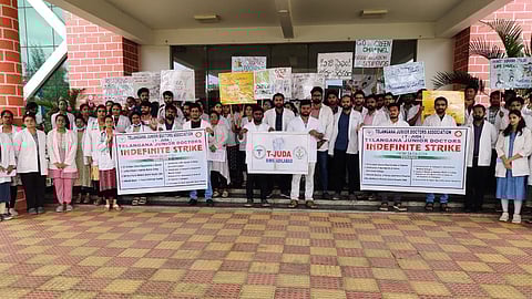 T-JUDA on strike at RIMS, Adilabad. 