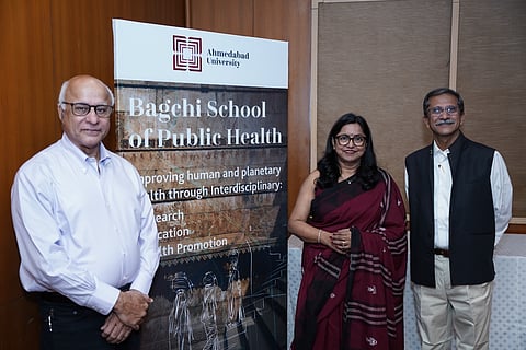 Announcement of Bagchi School of Public Health (L-R) Subroto Bagchi, Susmita Bagchi and Prof Pankaj Chandra