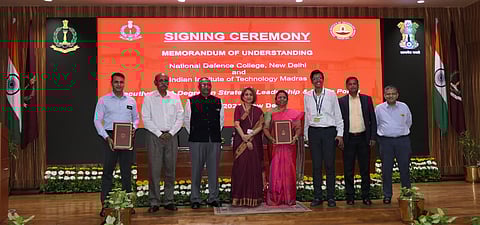 Prof V Kamakoti, Director, IIT Madras, and National Defence College officials during the MoU signing event at Delhi