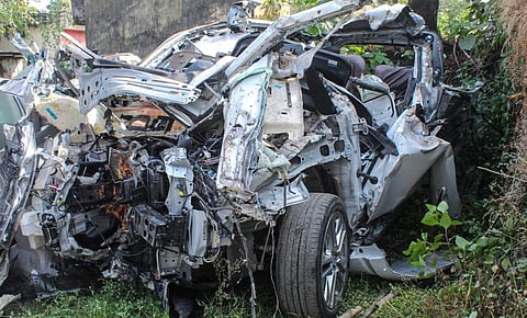 Wreckage of the multi-utility vehicle involved in the Dehradun crash that claimed six young lives, as police investigate and consult legal experts on the incident.