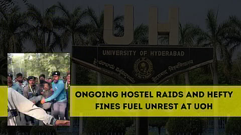 Students gather in protest outside the administration building, demanding an end to raids and action on hostel grievances