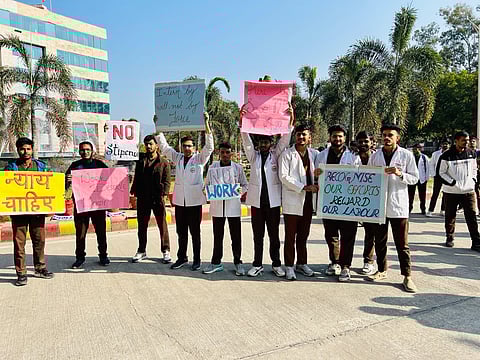 Students at AIIMS Rishikesh stage a peaceful protest, seeking fair stipends, non-mandatory internships, and clarity in registration policies.