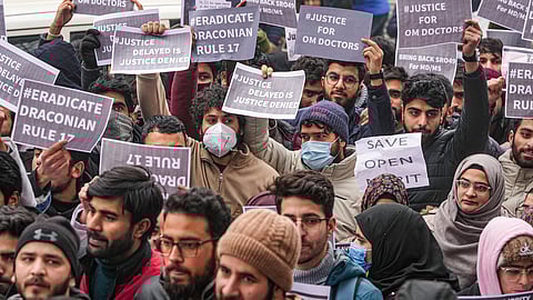 Protests to rationalise reservations in J&K in Srinagar, Monday.