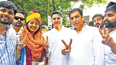 AICC general secretary Sachin Pilot with DPCC president Devender Yadav campaigning at Miranda House college on Monday