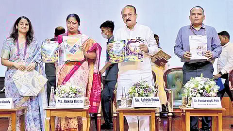 Delhi Chief Minister Rekha Gupta, Delhi Minister Ashish Sood and others during the launch of three new educational programs for students, at Bharat Mandapam