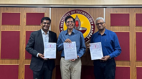(L_R) Bhuvan, Kamakoti, Director, IIT Madras & Manu Santhanam, with the MoU