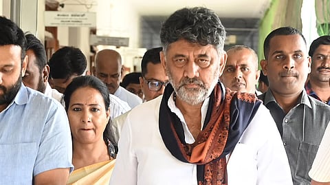 Deputy Chief Minister DK Shivakumar arriving at Vidhna Soudha after Cabinet meeting in Bengaluru