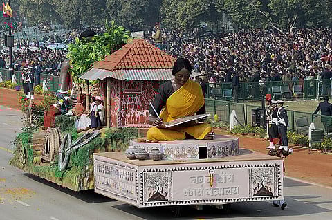The tableau of Ministry of Tribal Affairs on the theme ‘Tribal Art’ passes through the Rajpath during the full dress rehearsal for the Republic Day Parade-2013 in New Delhi