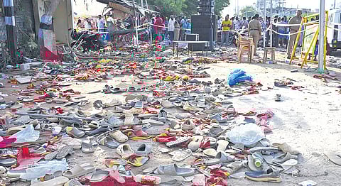 The venue of the TVK chief Vijay’s rally, where a deadly stampede resulted in heavy casualties.