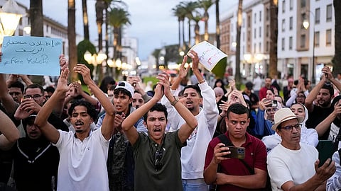 People take part in a youth-led protest against corruption and calling for education and healthcare reforms, in Rabat, Morocco, Thursday, Oct. 9, 2025.