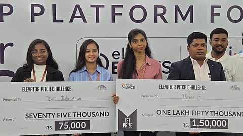 The winning teams from MOP Vaishnav College received their awards during the Tamil Nadu Global Startup Summit 2025