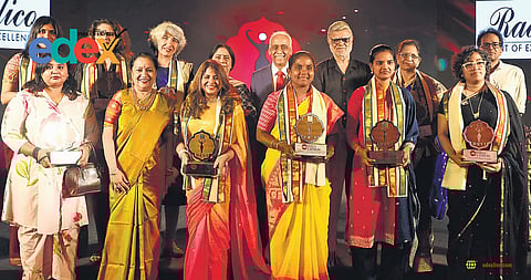 Devi awardees alongside chief guest Justice V Ramasubramanian (Chairperson of National Human Rights Commission), Prabhu Chawla (Editorial Director, The New Indian Express), Lakshmi Menon (CEO, The New Indian Express) and T Kalyan Chakravarthy (Resident Editor, The New Indian Express, Telangana) at ITC Kakatiya in Hyderabad on Sunday 