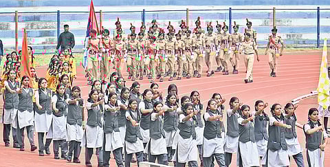 Ahead of Kannada Rajyotsava celebrations on November 1, students rehearse at Kanteerava Stadium on Thursday.