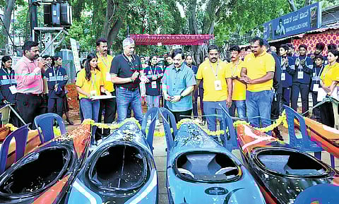 MLC and KOA president K Govindaraj inaugurates new kayaking and canoeing equipment at Ulsoor Lake on Tuesday.