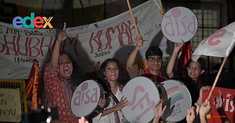 Winning candidates in the JNUSU polls Aditi Mishra ( President, SFI) K Gopika ( VP, SFI) Sunil Yadav ( Gen Sec, DSF) and Danish Ali ( Joint Secretary, AISA) celebrate after the results on campus in New Delhi on Thursday.