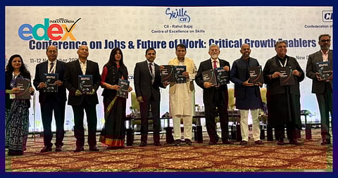  L to R:  Kamakshi Pant, Chief Business Officer, Taggd;  Sougata Roy Choudhury, Executive Director - Skills, AA & IR, CII; Nirmal Singh, Chief Convenor of India Skills Report, Founder & CEO, Wheebox – ETS; Jaya Awasthi, Principal and Head – Skills, CII; A N Prashant, Senior Director, CII;  Shri Suresh Prabhakar Prabhu, Former Union Minister; Dr. Arvind Varmani, Member, NITI Aayog, GoI; Aditya Ghosh, Chairman, CII National Committee on Skill Development and Livelihood, Co-Founder, Akasa Airlines, Founder, Homage and Chairman- Social Enterprise Center of SEWA;  Mr. Devashish Sharma, Co-Founder & Taggd, Member - National Committee for Skills and Livelihood, CII; and Praveen Dwiwedi, SVP – public sector & public policy affairs, ETS Assessment Services