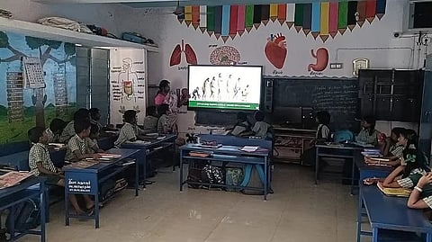 Students in a smart class at Anbil Panchayat Union Primary School.