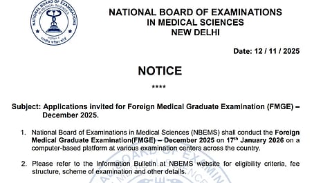 FMGE Dec 2025 exam scheduled for Jan 17; Registration opens Nov 14
