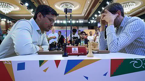 GM P Harikrishna (L) in action against GM Nils Grandelius of Sweden during Round 4 Tie-break game in FIDE World Cup