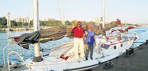 Col K Srinivas (Retd) and Captain CDNV Prasad (Retd) arrive at the Naval Dockyard in Vizag after completing their sailing expedition from New Zealand