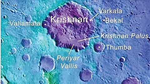 A visual of Martian landforms now carrying names inspired by Kerala and geologist M S Krishnan.