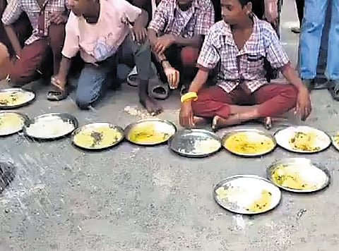 Zilla Parishad school students in Koutala hit the road with their lunch plates