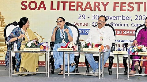 Editor of The New Indian Express Group Santwana Bhattacharya (2nd from left) speaking at the SOA Literary Festival, in Bhubaneswar, on Sunday