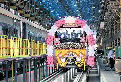 The driverless Metro train undergoes a test run at the BEML Rail Complex on Thursday