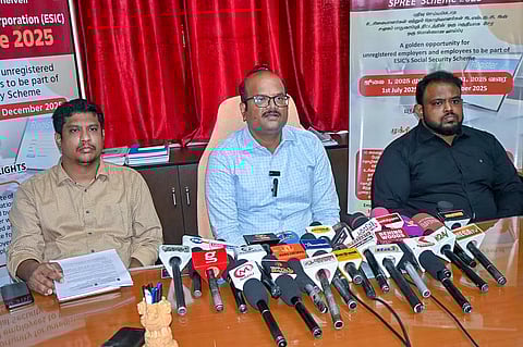 G. Bhaskar, Joint Director (in-charge), Employees State Insurance Corporation (ESIC), Tirunelveli Sub-Region, addressing the media during a press conference at his office on Thursday.