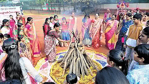 Journalists and their families take part in Sankranti celebrations organised by the Amaravati Press Club on Sunday