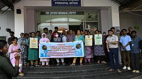 The protest is in support of demands related to pay revision, transfers and improvement of facilities. 