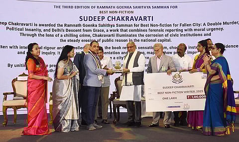 C P Radhakrishnan, Vice President of India, presented Ramnath Goenka Sahithya Samman to Sudeep Chakravarti Ashwin Prasath