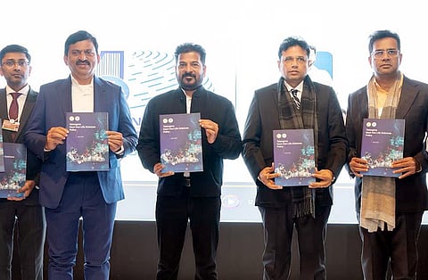 CM Revanth Reddy, Ministers Sridhar Babu and Ponguleti Srinivasa Reddy unveil Telangana Life Sciences Policy at Davos World Economic Forum