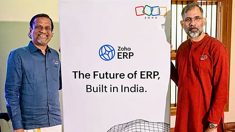 Zoho corporation's Co-founder and Chief Scientist Sridhar Vembu (left), CEO of Zoho Payment technologies Sivaramakrishnan Iswaran launching Zoho ERP platform at Kumbakonam on Friday.