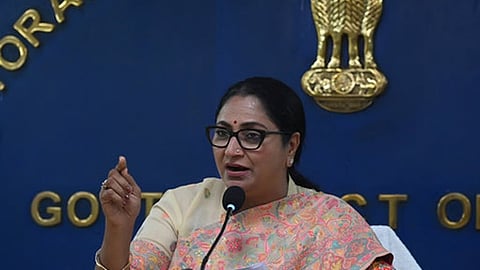Delhi CM Rekha Gupta addresses a press conference at Delhi Secretariat in New Delhi.
