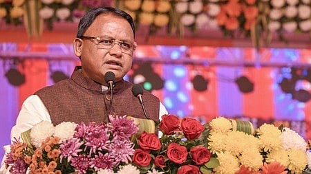 Chief Minister Mohan Charan Majhi addressing a meeting while laying the foundation stone for medical college and hospital in Nabarangpur district on Friday