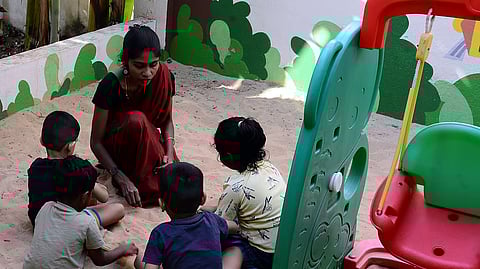 Monisha Balamurugan, founder of Naam Vidhaikalam at her play school at Pallikaranai in Chennai. 