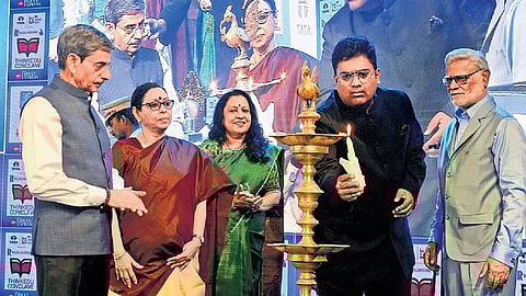 (From left) Tamil Nadu Governor R N Ravi, The New Indian Express Editor Santwana Bhattacharya, CEO Lakshmi Menon, Editorial Director Prabhu Chawla (right) and Rajalakshmi Engineering College Vice Chairman Abhay Meganathan during the inauguration of the 14th edition of the ThinkEdu Conclave, in Chennai on MondayPhoto | P Ravikumar
