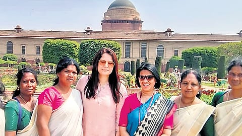 Reena, Praja Narayanan, Icy Mol, and Shyamala Ravi with Kudumbashree state assistant programme manager Preetha G Nair, Monika Bhutunguru, dy secy, Ministry of Rural Development; and Smriti Sharan, joint secy, at Amrit Udyan in Delhi