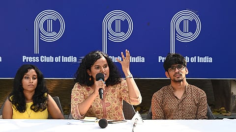 Jnusu President Aditi mishra along with jnusu vice president kizhakoot Gopika babu and others adresses a press conference at Press Club Of India in New Delhi on Wednesday.