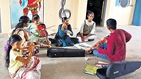 Students attend a music class at Performing Arts Academy in Nagapattinam.