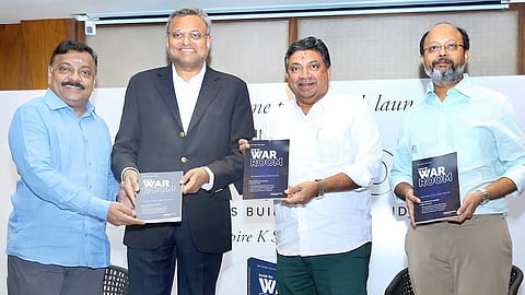 Former AIADMK functionary, entrepreneur and political consultant Aspire K Swaminathan, Congress MP Karthi P Chidambaram and IT Minister Palanivel Thiaga Rajan at the release of the book "War Room", in Chennai.