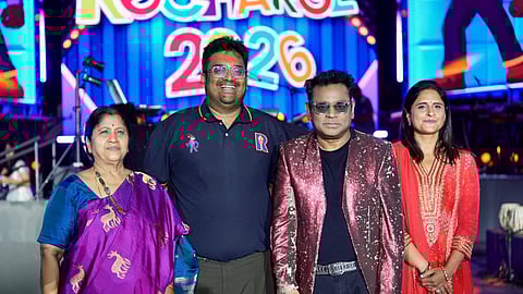 From left to right: Dr Thangam Meganathan (Chairperson, Rajalakshmi Institutions), Abhay Meganathan (Vice Chairman of Rajalakshmi Engineering College), A R Rahman (Indian musical composer) & Tejshree Abhay Meganathan (Executive Director of Rajalakshmi Engineering College)