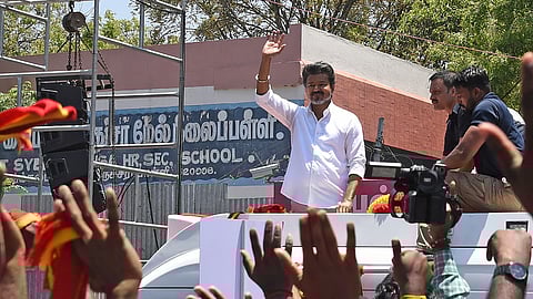TVK leader Vijay campaigning near the Syed Murthuza higher secondary school in Marakkadai Junction Photo | M K Ashok Kumar
