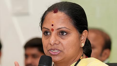 Telangana Jagruthi president K Kavitha speaks during a press meet at Banjara Hills in Hyderabad.