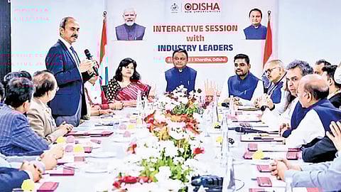 CM Mohan Charan Majhi chairing the roundtable with investors and industry leaders. Also present are Industries minister Sampad Chandra Swain, Bhubaneswar MP Aparajita Sarangi 