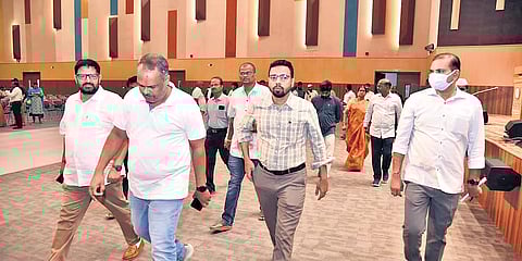 Guntur district Joint Collector Ashutosh Srivastava reviews arrangements at SRM University’s Vikram Sarabhai Block in Amaravati on Sunday