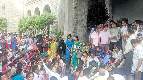 Schoolteachers protest at the GBA head office at NR Square on Monday.